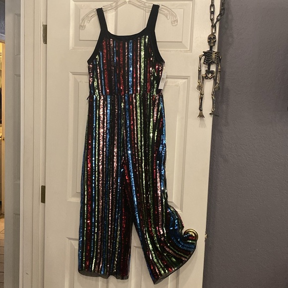 KNIT WORKS - NWT - jumpsuit: black lined mesh w 🌈 sequins & velvet straps - 16 - Picture 14 of 16
